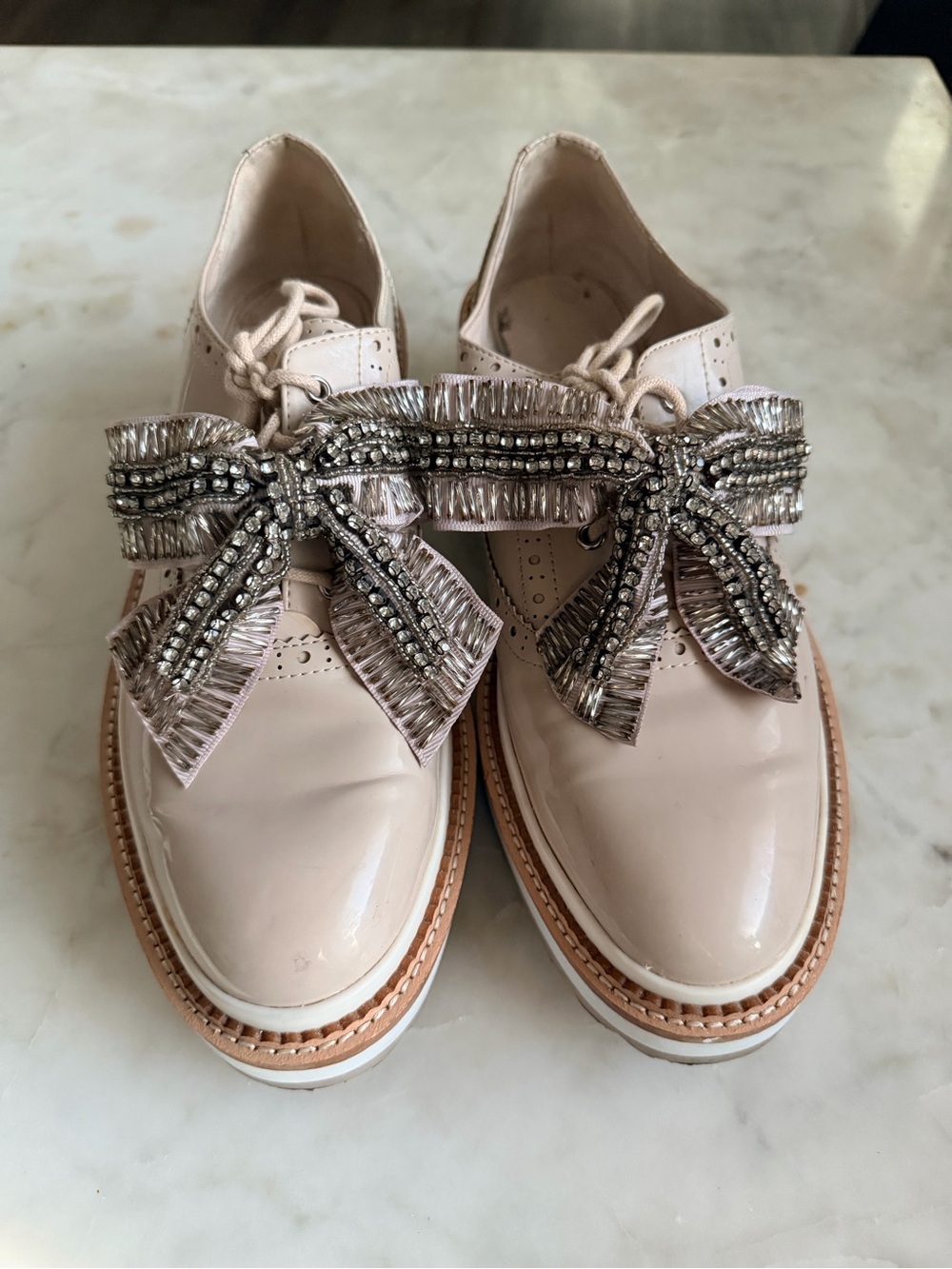 zara women's Embellished Bow Lace-Up Oxfords in Blush